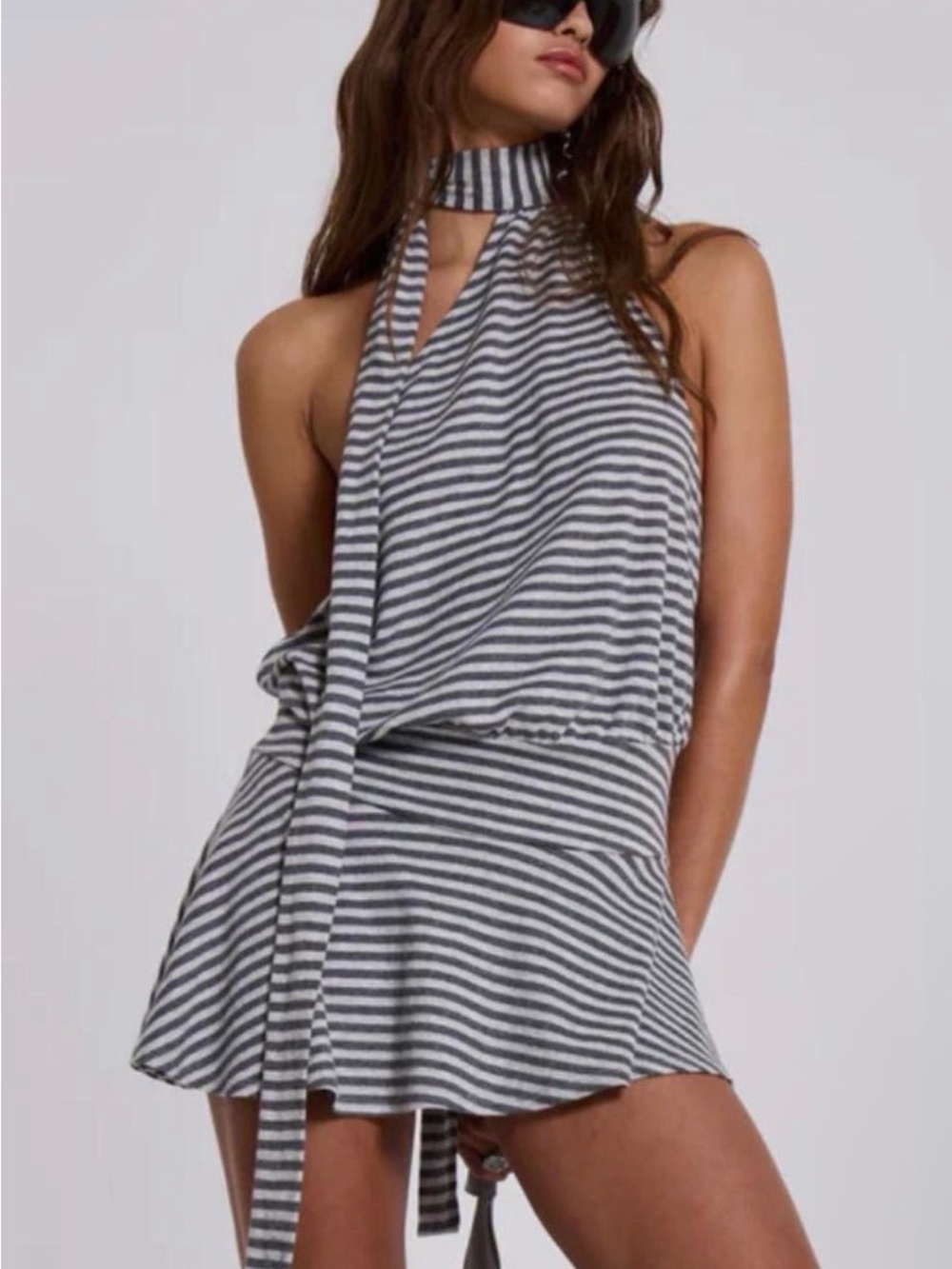 Jaded London Gray and White Striped Halter Mini Dress